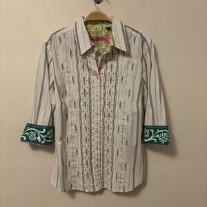 Robert Graham Women's Button Down Shirt Pleated Embroidered Striped L Colorful